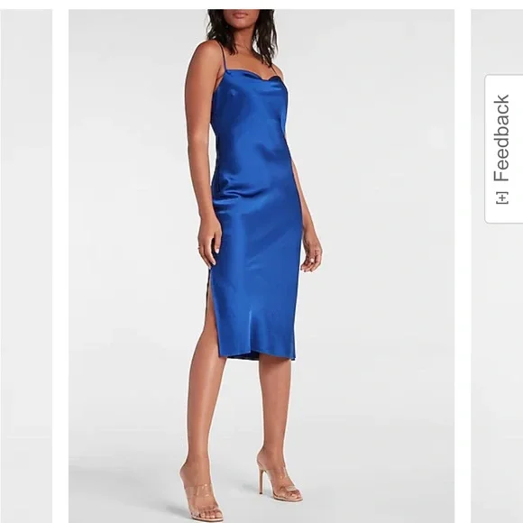 express satin cowl neck maxi slip dress NEW EXPRESS $108 NEON COBALT SATIN COWL NECK ASYMMETRICAL HEM MAXI SLIP  DRESS L